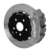 Wilwood Camaro/CTS rear road-race assembly with a gray anodized Superlite 4R caliper beside a 14.00-inch GT-slotted rotor and its mounting hat