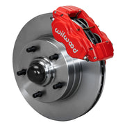 Wilwood GM/Ridetech pin-spindle Dynalite front assembly with a red Forged Dynalite-M caliper, 11.00-inch plain-face rotor and central wheel hub with studs