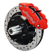 Wilwood 1982–1992 Camaro/Firebird 14-inch front assembly with a red Superlite 6R caliper, 14.00-inch drilled-and-slotted rotor and central wheel hub with studs
