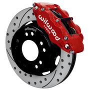 Wilwood C10 modular Pro Drop 12.19-inch front assembly with a red Superlite 6R caliper beside a 12.19-inch drilled-and-slotted rotor and its mounting hat