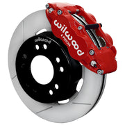 Wilwood C10 modular Pro Drop 12.19-inch front assembly with a red Superlite 6R caliper beside a 12.19-inch GT-slotted rotor and its mounting hat