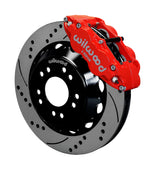 Wilwood C10 modular Pro Drop Superlite 14-inch front assembly with a red Superlite 6R caliper beside a 14.00-inch drilled-and-slotted rotor and its mounting hat