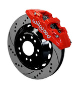 Wilwood C10 modular Pro Drop AERO6 front assembly with a red AERO6 caliper beside a 14.00-inch drilled-and-slotted rotor and its mounting hat