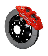 Wilwood C10 modular Pro Drop AERO6 front assembly with a red AERO6 caliper beside a 14.00-inch GT-slotted rotor and its mounting hat