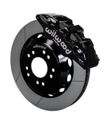 Wilwood C10 modular Pro Drop AERO6 front assembly with a black AERO6 caliper beside a 14.00-inch GT-slotted rotor and its mounting hat