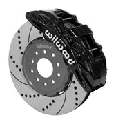 Wilwood Corvette/XLR or Ridetech hub-spindle 14-inch front assembly with a black SX6R caliper beside a 14.00-inch drilled-and-slotted rotor and its mounting hat