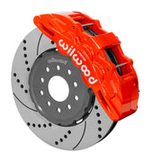 Wilwood Corvette/XLR or Ridetech hub-spindle 14-inch front assembly with a red SX6R caliper beside a 14.00-inch drilled-and-slotted rotor and its mounting hat