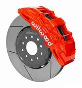 Wilwood Corvette/XLR or Ridetech hub-spindle 14-inch front assembly with a red SX6R caliper beside a 14.00-inch GT-slotted rotor and its mounting hat