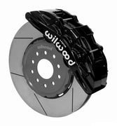 Wilwood Corvette/XLR or Ridetech hub-spindle 14-inch front assembly with a black SX6R caliper beside a 14.00-inch GT-slotted rotor and its mounting hat