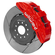 Wilwood Corvette/XLR or Ridetech hub-spindle 15-inch front assembly with a red SX6R caliper beside a 15.00-inch GT-slotted rotor and its mounting hat