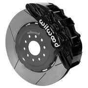 Wilwood Corvette/XLR or Ridetech hub-spindle 15-inch front assembly with a black SX6R caliper beside a 15.00-inch GT-slotted rotor and its mounting hat