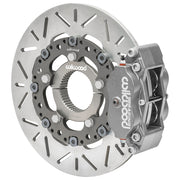 Wilwood gray inboard sprint caliper beside the assembled 12-inch thin solid titanium slotted rotor and splined center clamp