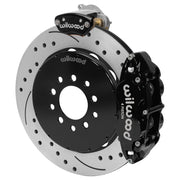 Wilwood black four-piston rear service caliper and separate MC4 parking caliper around a 14-inch drilled-and-slotted rotor for Detroit Speed Corvette suspension