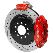 Wilwood red four-piston rear service caliper and separate MC4 parking caliper around a 14-inch drilled-and-slotted rotor for Detroit Speed Corvette suspension