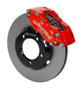 Wilwood red Dynapro dust-sealed caliper over an assembled 11-inch plain-face rotor and separate hat for the Series I Jaguar front installation