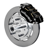 Wilwood black four-piston front caliper beside a 12.19-inch plain-face rotor with projecting wheel hub for the 1970–1974 Ford/Mercury spindle installation