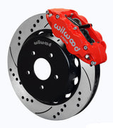 Wilwood red dust-sealed Superlite 6R caliper over an assembled 14-inch drilled-and-slotted rotor and separate hat for the Pontiac GTO front installation