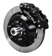 Wilwood black six-piston front caliper beside a 14-inch slotted rotor, separate hat and projecting hub for the GM/Ridetech pin-spindle front installation
