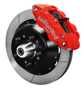 Wilwood red six-piston front caliper beside a 14-inch slotted rotor, separate hat and projecting hub for the ProSpindle front installation