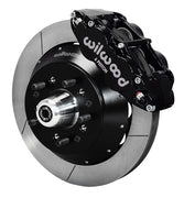 Wilwood black six-piston front caliper beside a 14-inch slotted rotor, separate hat and projecting hub for the ProSpindle front installation