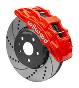 Wilwood red SX6R caliper over an assembled 14-inch drilled-and-slotted dynamic lug-drive disc and hat for the fifth-generation Camaro 14-inch front arrangement