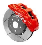 Wilwood red SX6R caliper over an assembled 14-inch slotted dynamic lug-drive disc and hat for the fifth-generation Camaro 14-inch front arrangement