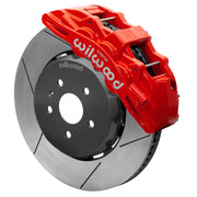 Wilwood red SX6R caliper over an assembled 15-inch slotted dynamic lug-drive disc and hat for the fifth-generation Camaro 15-inch front arrangement