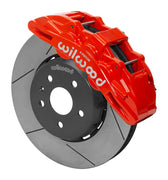 Wilwood red SX6R caliper over an assembled 14-inch slotted dynamic lug-drive disc and hat for the sixth-generation Camaro 14-inch front arrangement