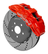 Wilwood red SX6R caliper over an assembled 15-inch drilled-and-slotted dynamic lug-drive disc and hat for the sixth-generation Camaro 15-inch front arrangement