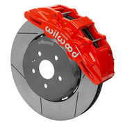 Wilwood red SX6R caliper over an assembled 15-inch slotted dynamic lug-drive disc and hat for the sixth-generation Camaro 15-inch front arrangement