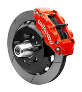 Wilwood red six-piston front caliper beside a 12.88-inch slotted rotor, separate hat and projecting hub for the CPP Tri-Five 12.88-inch front installation