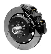 Wilwood black six-piston front caliper beside a 14-inch slotted rotor, separate hat and projecting hub for the CPP Tri-Five 14-inch AERO6 front installation