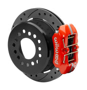 Wilwood red low-profile Dynapro rear caliper beside an assembled 11-inch drilled-and-slotted parking-hat rotor for the Small Ford 2.66-inch-offset rear interface