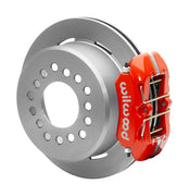 Wilwood red low-profile Dynapro rear caliper beside an assembled 11-inch plain-face parking-hat rotor for the Small Ford 2.66-inch-offset rear interface
