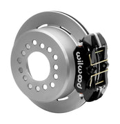 Wilwood black low-profile Dynapro rear caliper beside an assembled 11-inch plain-face parking-hat rotor for the Small Ford 2.66-inch-offset rear interface