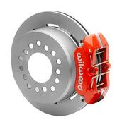 Wilwood red low-profile Dynapro rear caliper beside an assembled 11-inch plain-face parking-hat rotor for the Small Ford 2.50-inch-offset rear interface