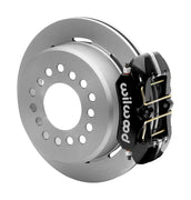 Wilwood black low-profile Dynapro rear caliper beside an assembled 11-inch plain-face parking-hat rotor for the Small Ford 2.50-inch-offset rear interface