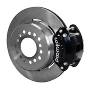 Wilwood black D154 rear caliper beside an assembled 12.19-inch plain-face parking-hat rotor for the GM 12-bolt forward-caliper rear interface