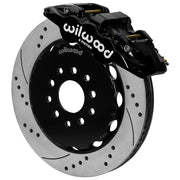 Wilwood black AERO6 caliper over an assembled 14-inch drilled-and-slotted rotor and separate hat for the Corvette/XLR or specified Ridetech hub-spindle front installation