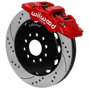 Wilwood red AERO6 caliper over an assembled 14-inch drilled-and-slotted rotor and separate hat for the Corvette/XLR or specified Ridetech hub-spindle front installation