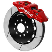 Wilwood red AERO6 caliper over an assembled 14-inch slotted rotor and separate hat for the Corvette/XLR or specified Ridetech hub-spindle front installation