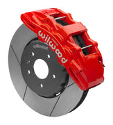 Wilwood red SX6R caliper over an assembled 14-inch slotted dynamic lug-drive disc and hat for the Corvette C7 front arrangement