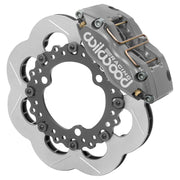 Wilwood Dynapro Radial front brake kit, sprint racing, 11.75-inch slotted rotors: Single assembly view with gray Dynapro radial caliper, scalloped slotted rotor and circular adapter.