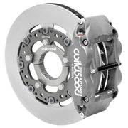 Wilwood Superlite 4 Radial rear brake kit, sprint racing, 12.19-inch plain rotors: Inboard assembly view with gray Superlite caliper, vented rotor and central splined adapter/clamp.