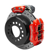 Wilwood Dynapro LP rear brake kit, Big Ford new-style 2.50-inch offset, 11-inch SRP rotors: Assembled rotor view with a red hydraulic service caliper on the side and a separate red electronic parking caliper above it.