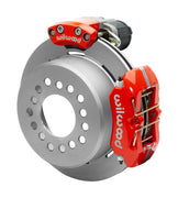 Wilwood Dynapro LP rear brake kit, Big Ford new-style 2.50-inch offset, 11-inch plain rotors: Assembled rotor view with a red hydraulic service caliper on the side and a separate red electronic parking caliper above it.