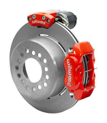 Wilwood Dynalite rear brake kit, Big Ford new-style 2.50-inch offset, 12.19-inch plain rotors: Assembled rotor view with a red hydraulic service caliper on the side and a separate red electronic parking caliper above it.