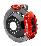Wilwood Superlite 4R rear brake kit, Big Ford new-style 2.50-inch offset, 12.88-inch GT rotors: Assembled rotor view with a red hydraulic service caliper on the side and a separate red electronic parking caliper above it.