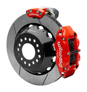Wilwood Superlite 4R rear brake kit, Big Ford new-style 2.50-inch offset, 14-inch GT rotors: Assembled rotor view with a red hydraulic service caliper on the side and a separate red electronic parking caliper above it.