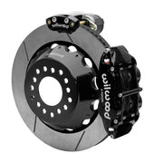 Wilwood Superlite 4R rear brake kit, Big Ford new-style 2.50-inch offset, 14-inch GT rotors: Assembled rotor view with a black hydraulic service caliper on the side and a separate black electronic parking caliper above it.